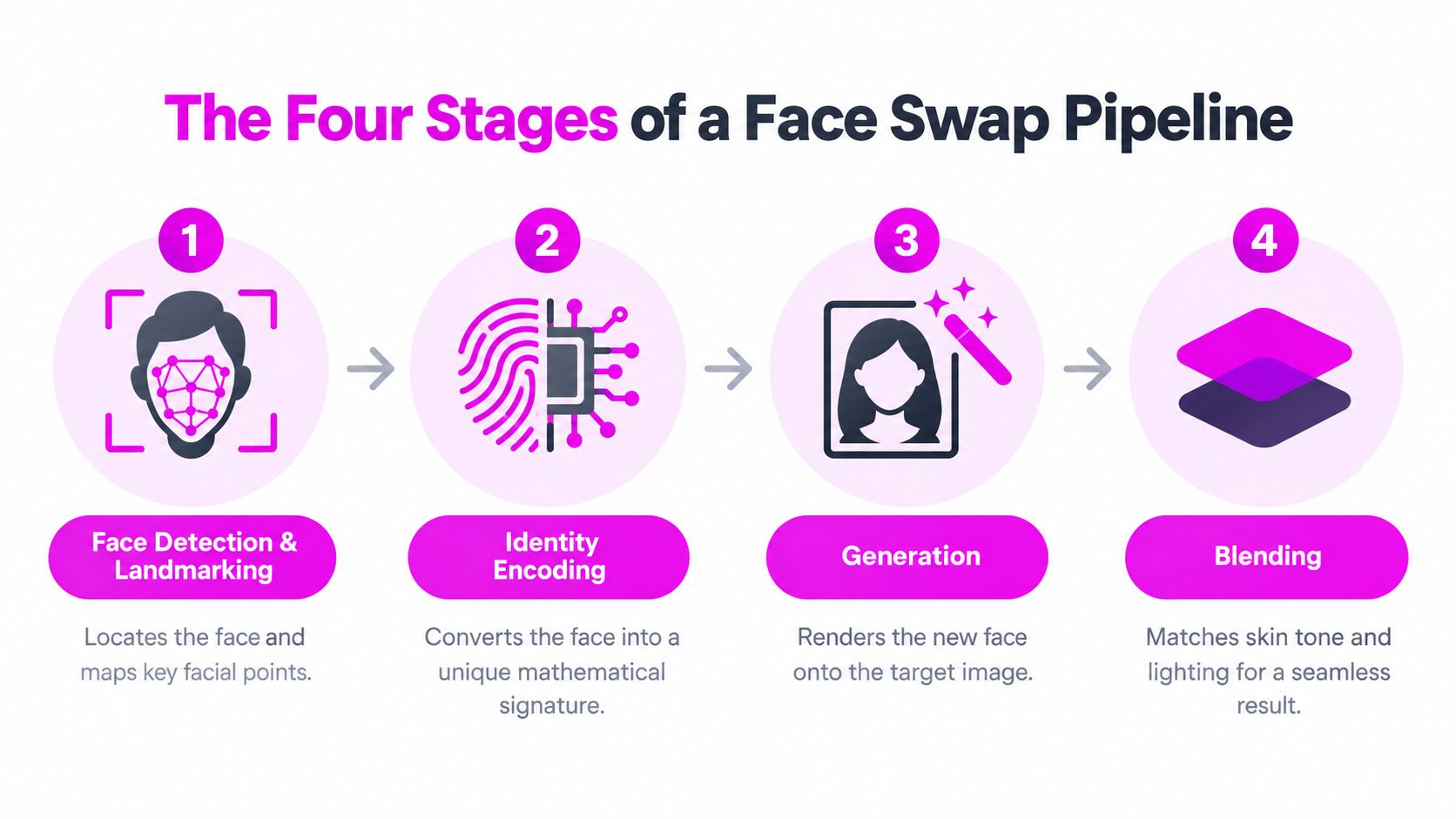 A diagram illustrating the four stages of a face swap pipeline: detection, encoding, generation, and blending.