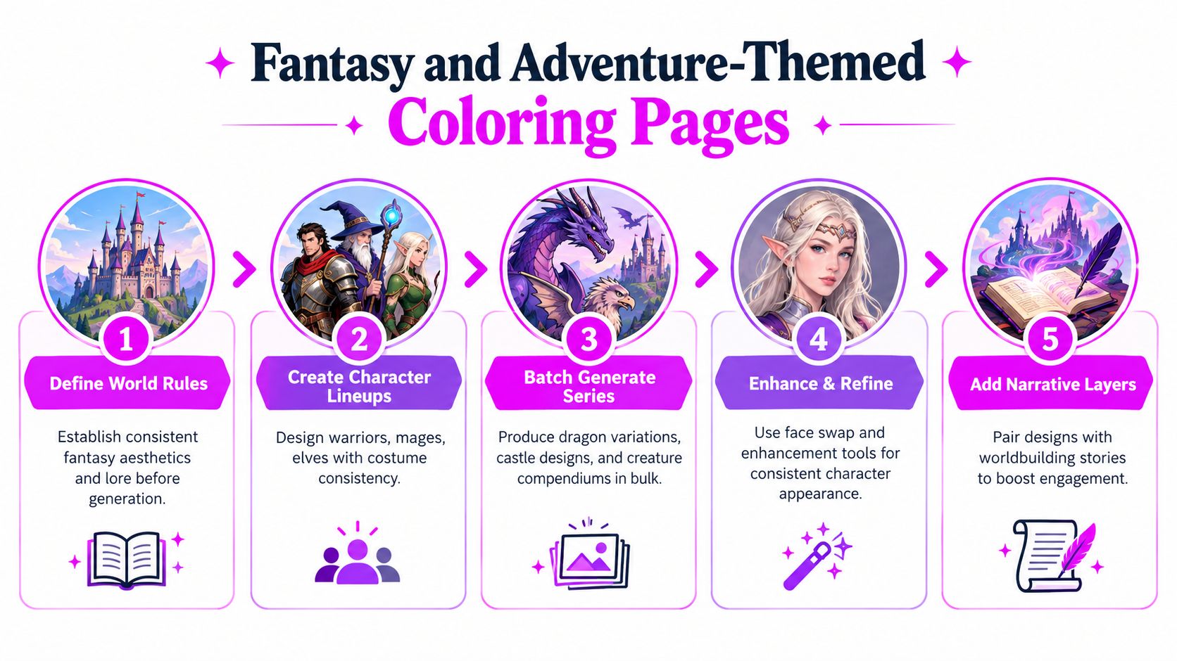 A five-step infographic guide on creating fantasy and adventure-themed coloring pages with consistent character and world design.