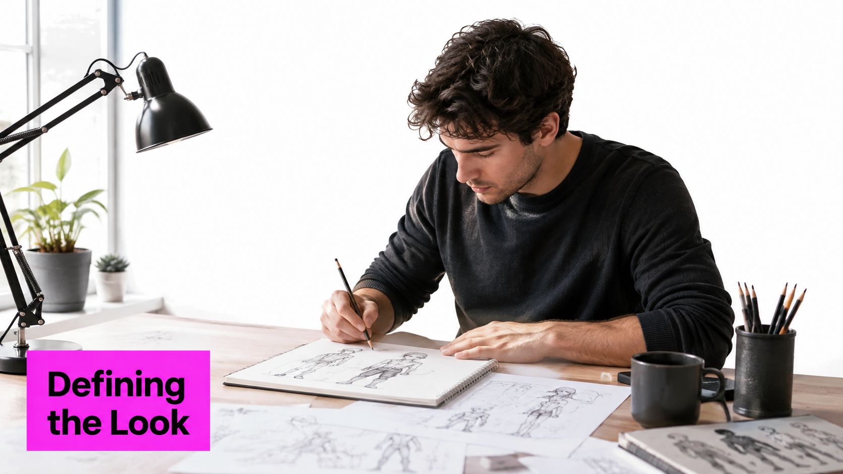 An artist drawing character sketches at a wooden desk with a lamp, pencils, and coffee mug.