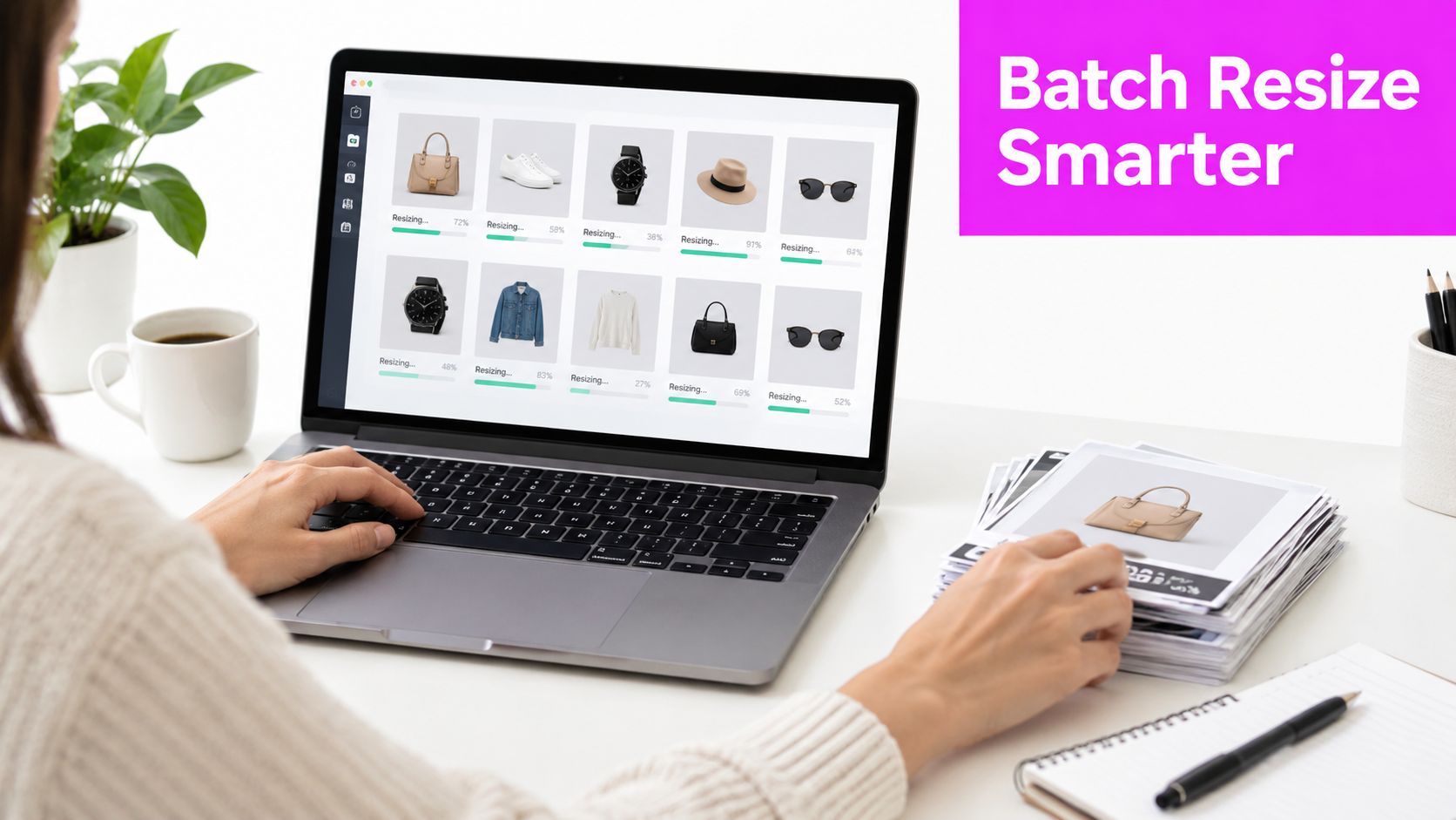 A person using a laptop to batch resize multiple product images on a clean, white desk setup.