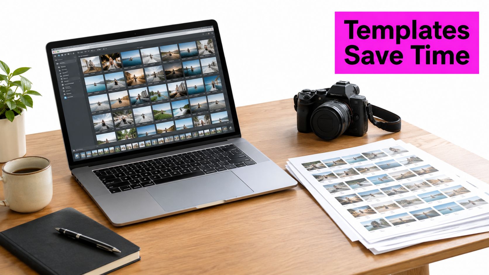 A modern workspace with a laptop displaying a photo grid, a camera, and printed contact sheets.