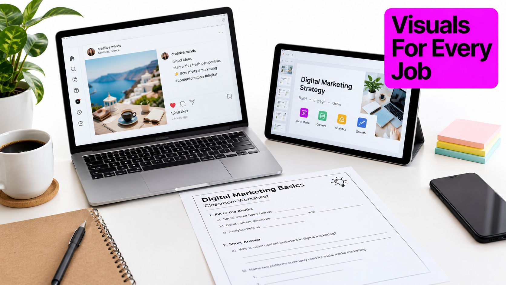A modern workspace with a laptop, tablet, phone, and marketing worksheet on a clean white desk.