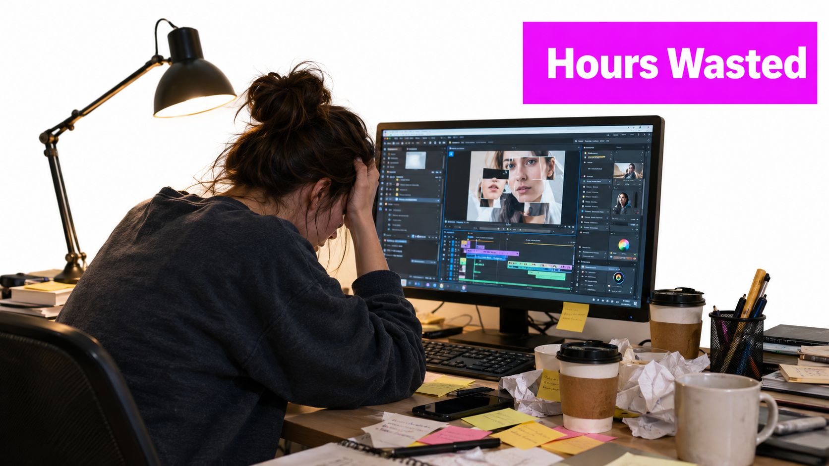 Stressed video editor putting her head in her hands while looking at a computer screen.