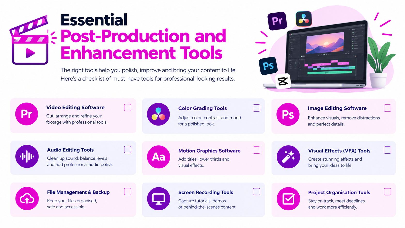 A helpful infographic checklist for essential post-production and creative software tools for video and image enhancement.