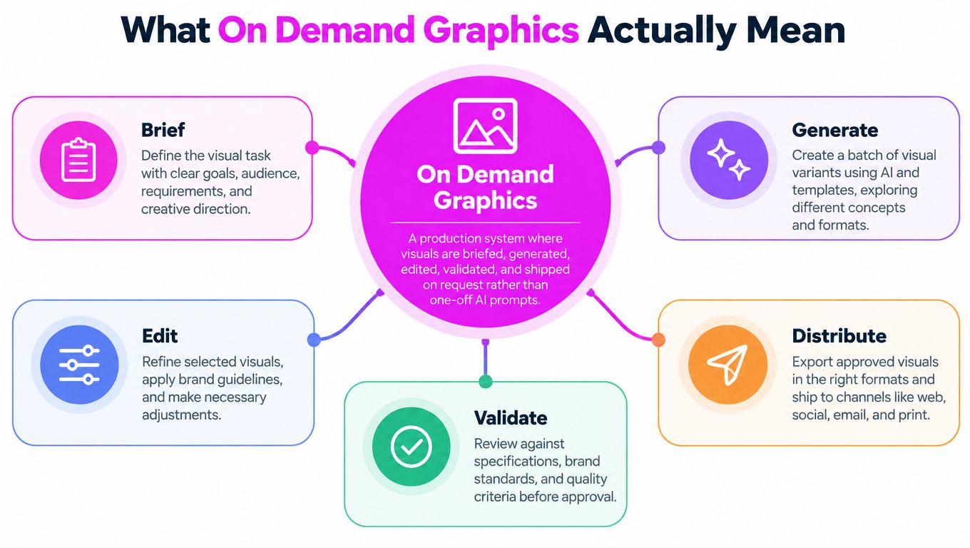 A diagram illustrating the On Demand Graphics production process involving brief, generate, edit, validate, and distribute stages.