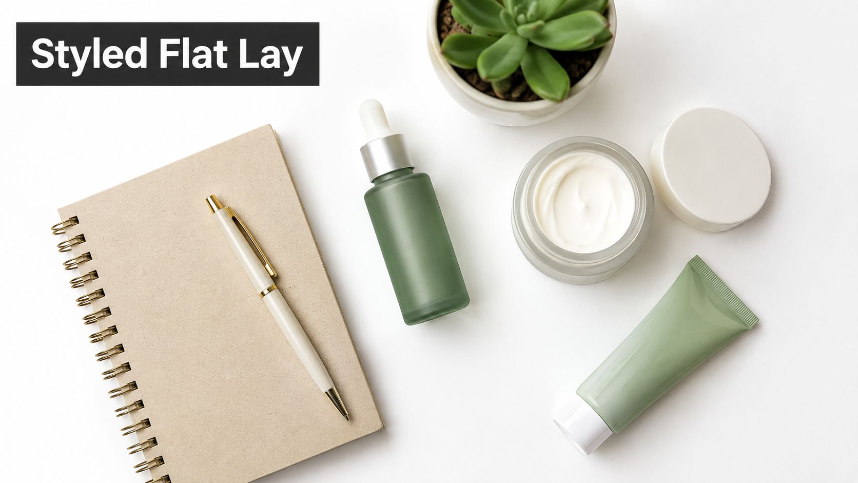 A flat lay of skincare products, including a dropper bottle, cream jar, tube, notebook, pen, and succulent.