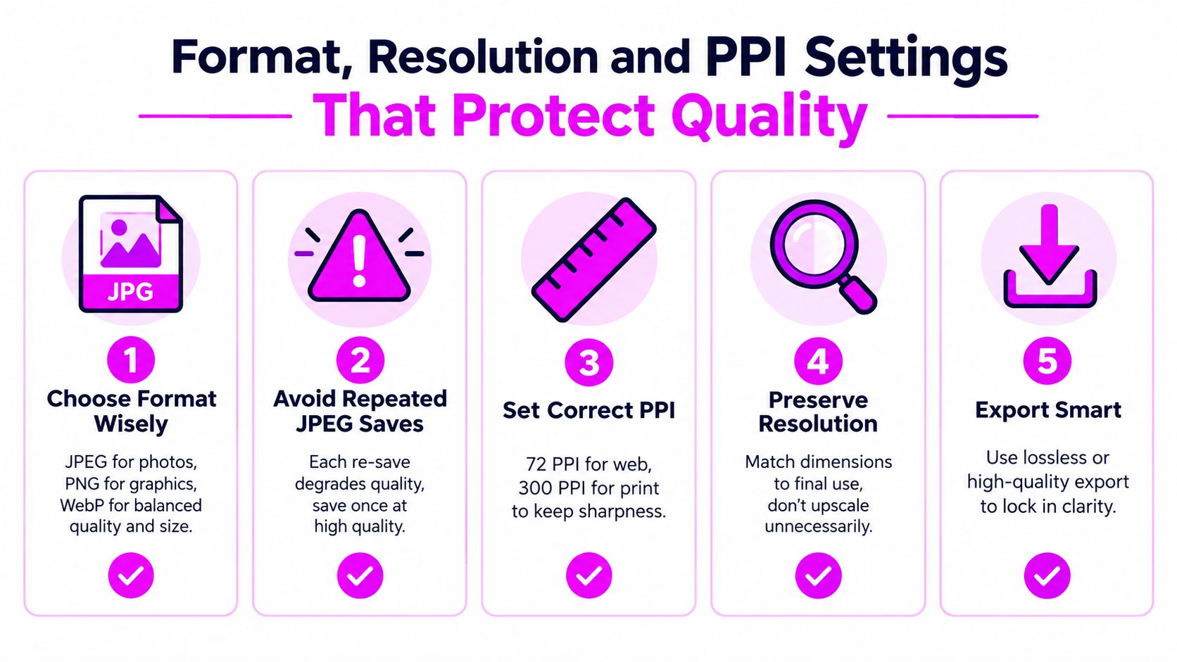 A colorful infographic illustrating five essential tips for maintaining image quality through format, resolution, and PPI settings.