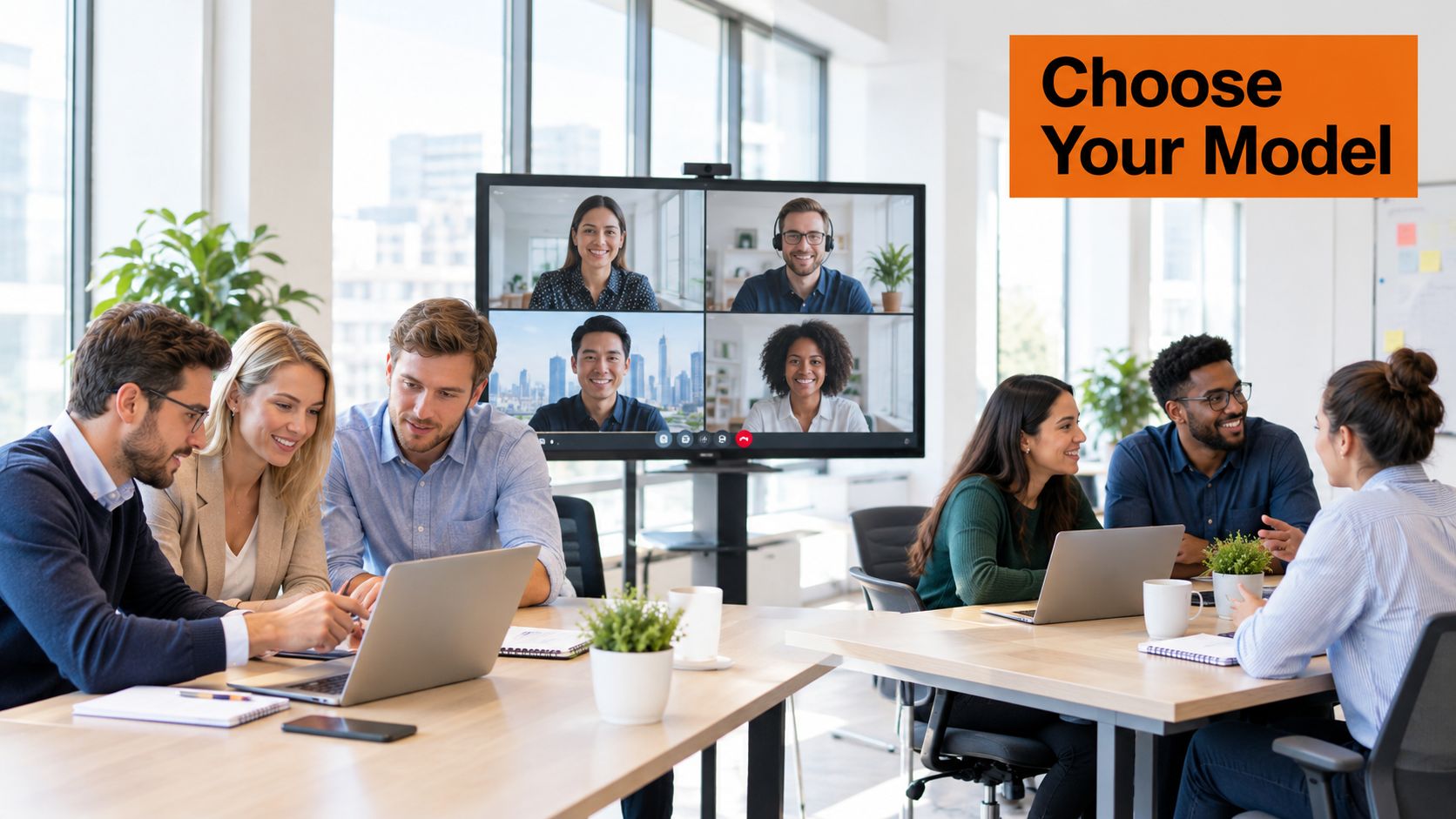 A diverse group of professionals working in a modern office space during a hybrid business meeting.