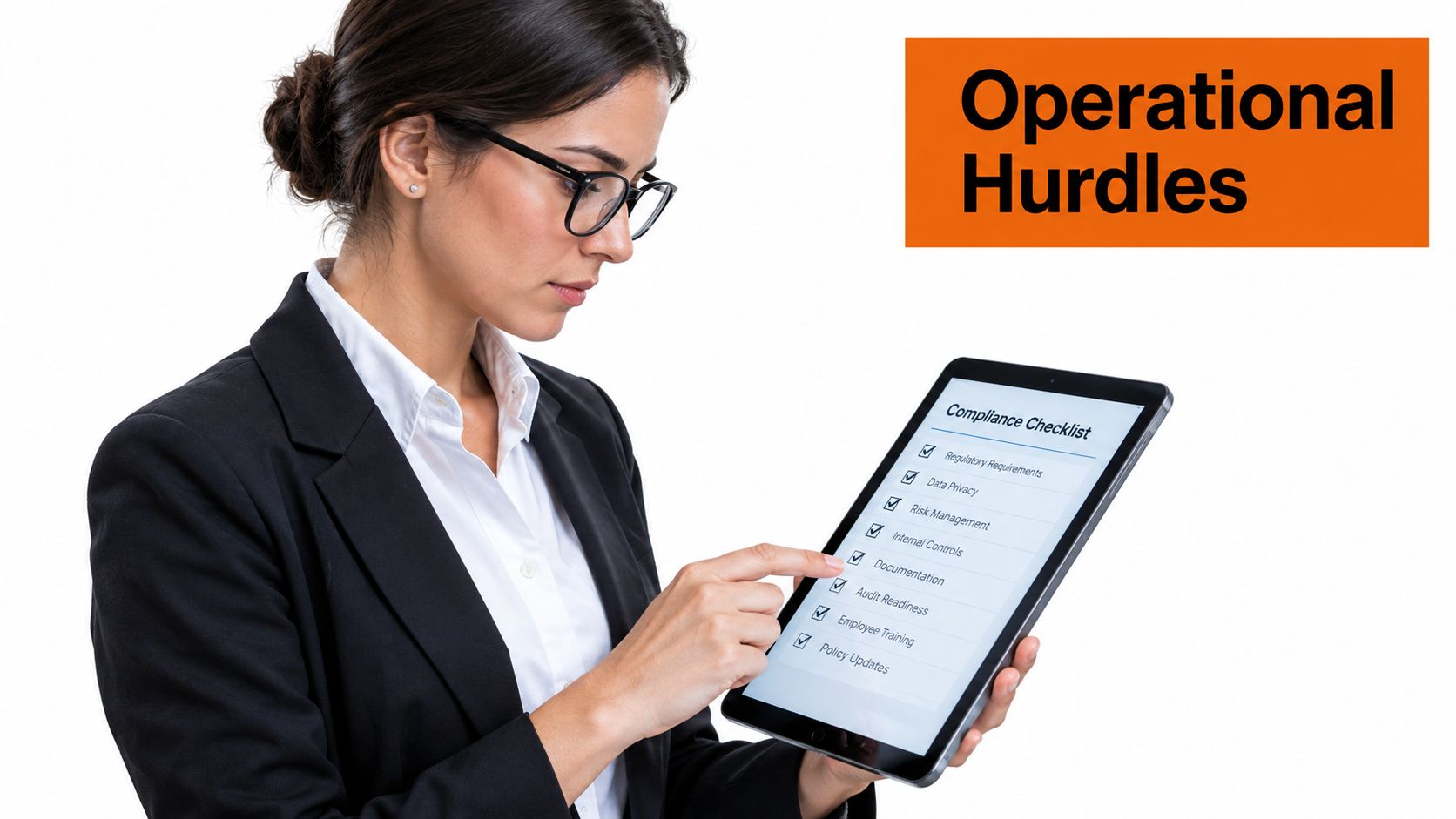 A professional woman in a suit checking a digital compliance checklist on a tablet screen.