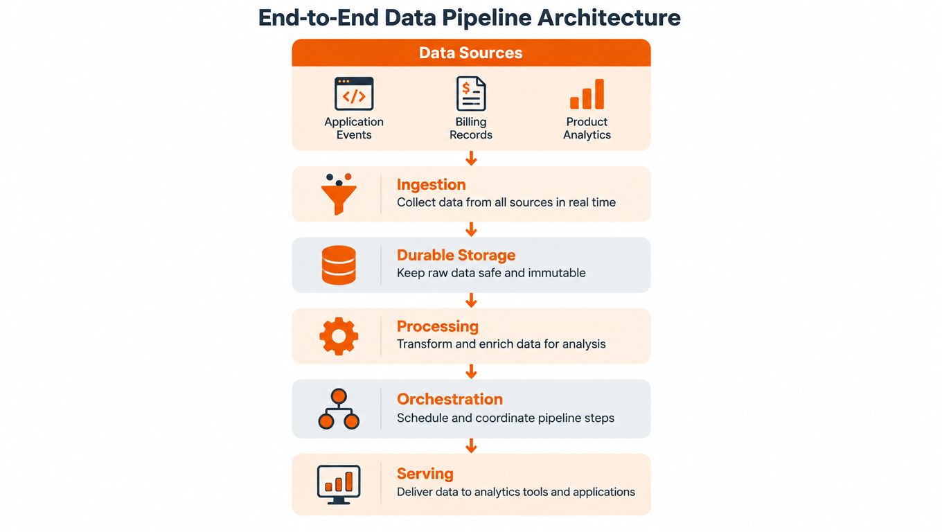 A diagram illustrating an end-to-end data pipeline architecture from data sources to final serving and analytics.