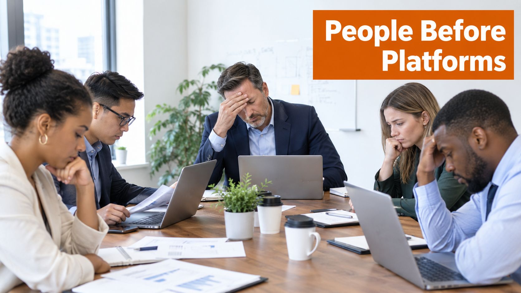 A diverse team of office workers looking stressed and frustrated while working together at a conference table.
