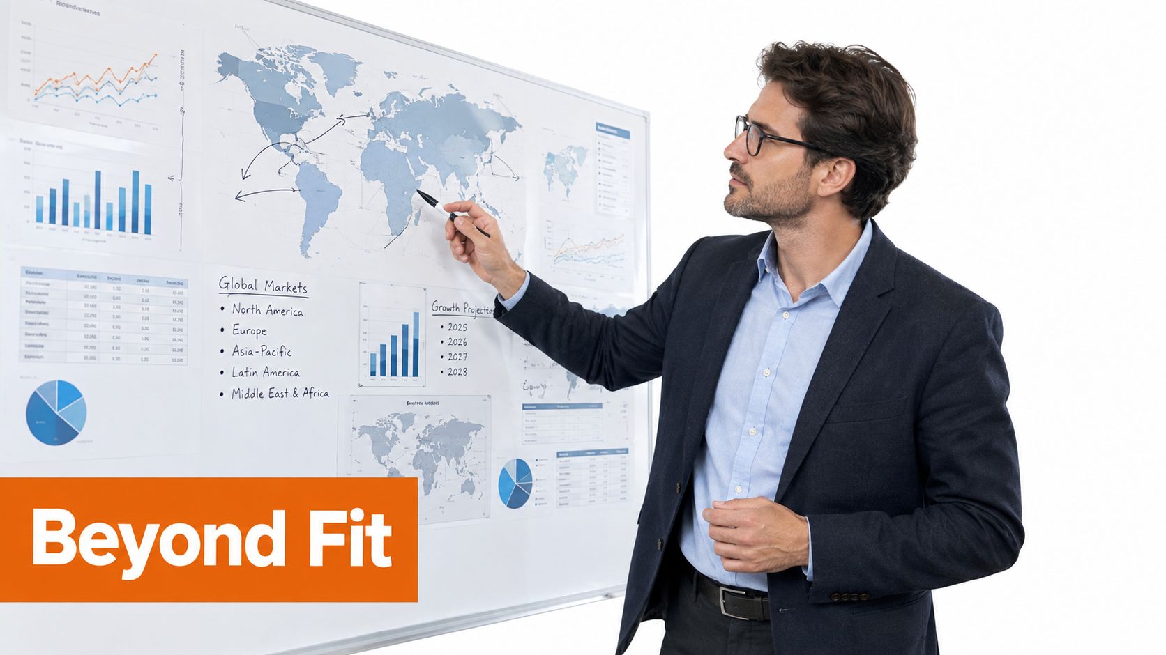 A professional man in a suit presenting business data on a whiteboard regarding global market strategies.