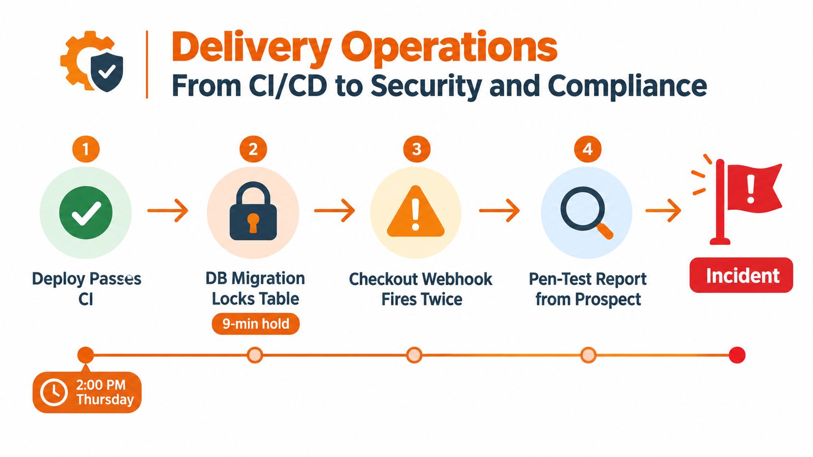 A diagram illustrating a four-step delivery operations process from CI/CD to a security incident occurrence.