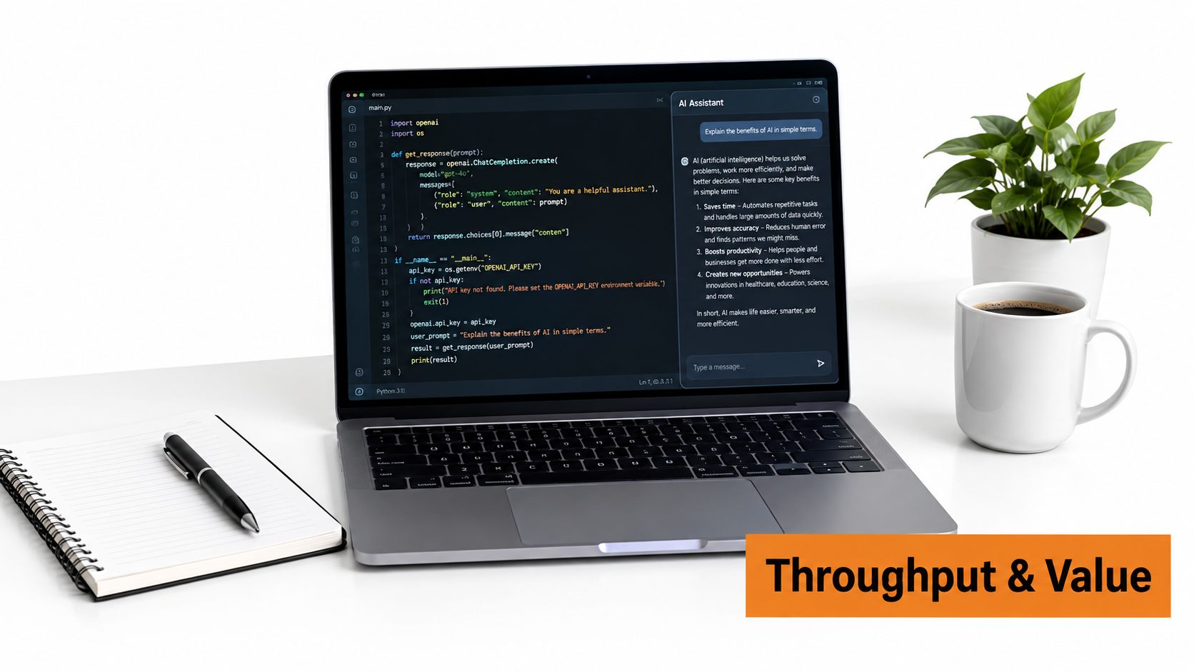 A modern laptop displaying Python code and an AI chat assistant on a clean office desk.