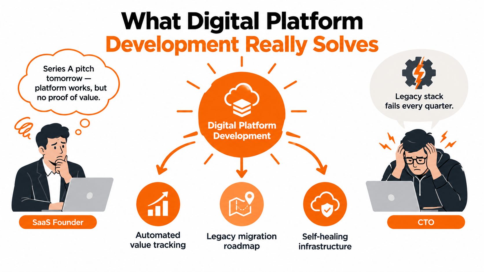 A diagram illustrating how digital platform development addresses challenges faced by SaaS founders and CTOs.