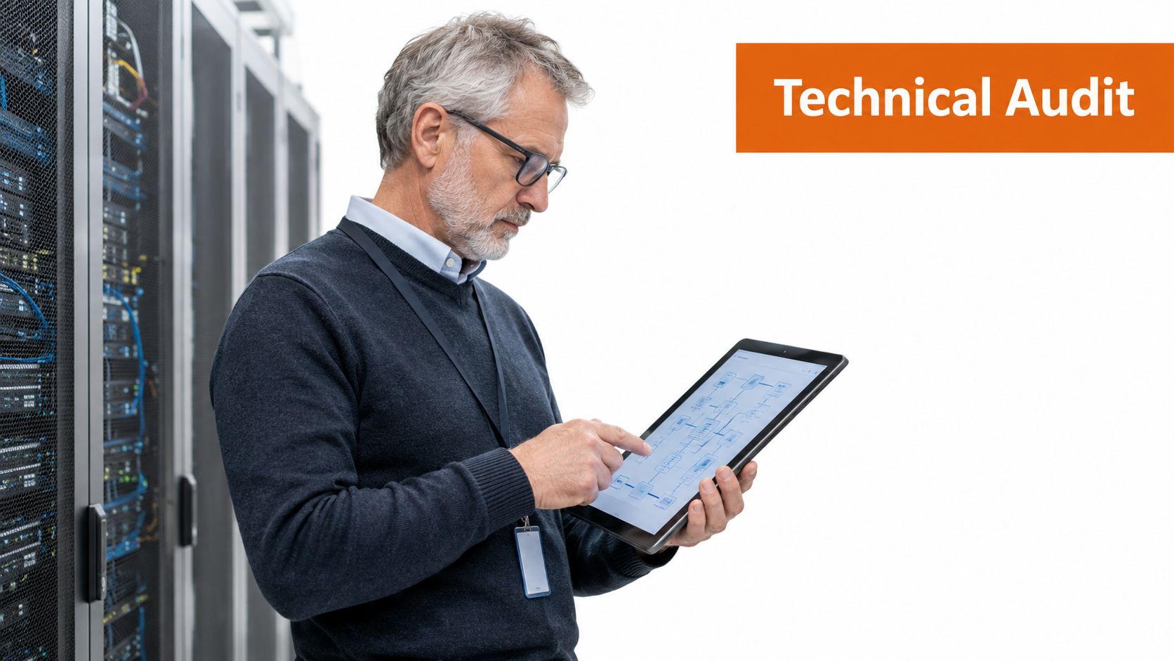 A professional man conducting a technical audit on a tablet inside a modern server room environment.