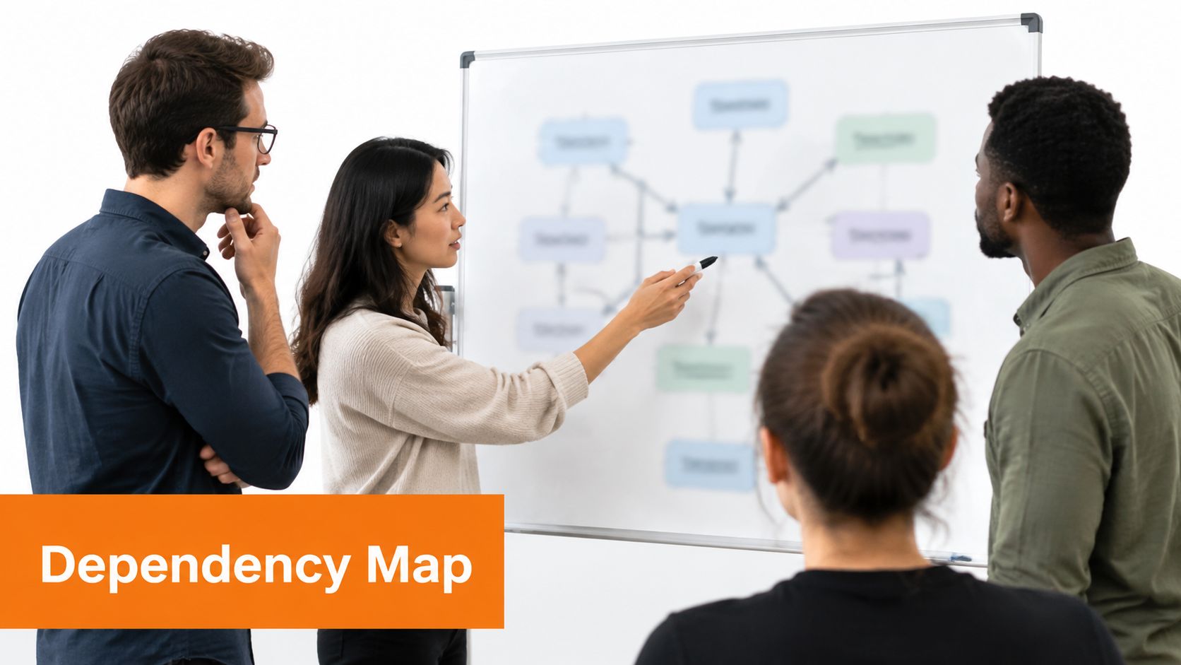 A professional team collaborating on a dependency map project during a creative office meeting session.
