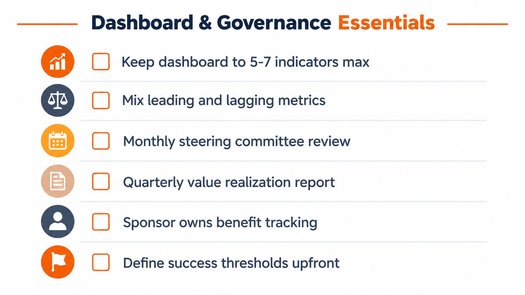 A checklist outlining six essential practices for effective dashboard and project governance strategies in business settings.