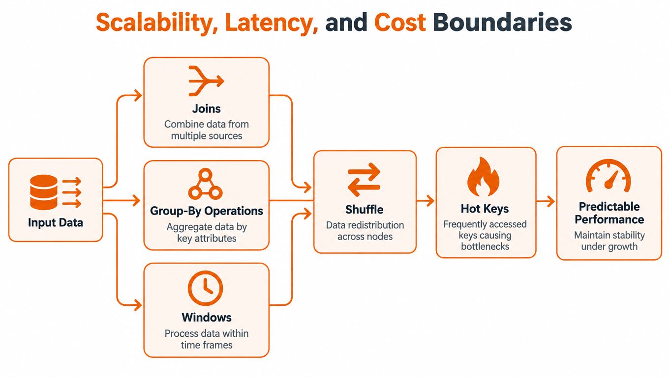A diagram illustrating data pipeline architecture components including Joins, Group-By, Shuffles, and Hot Keys affecting performance.