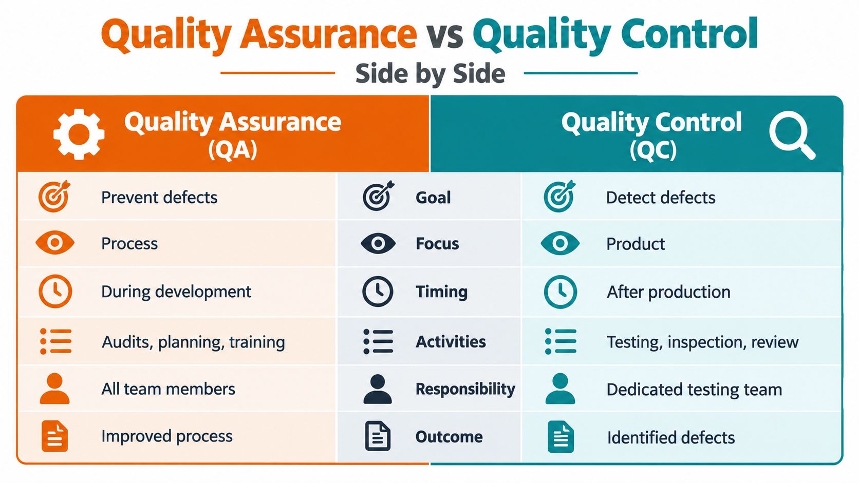 A comparison chart outlining the key differences between quality assurance and quality control across various criteria.