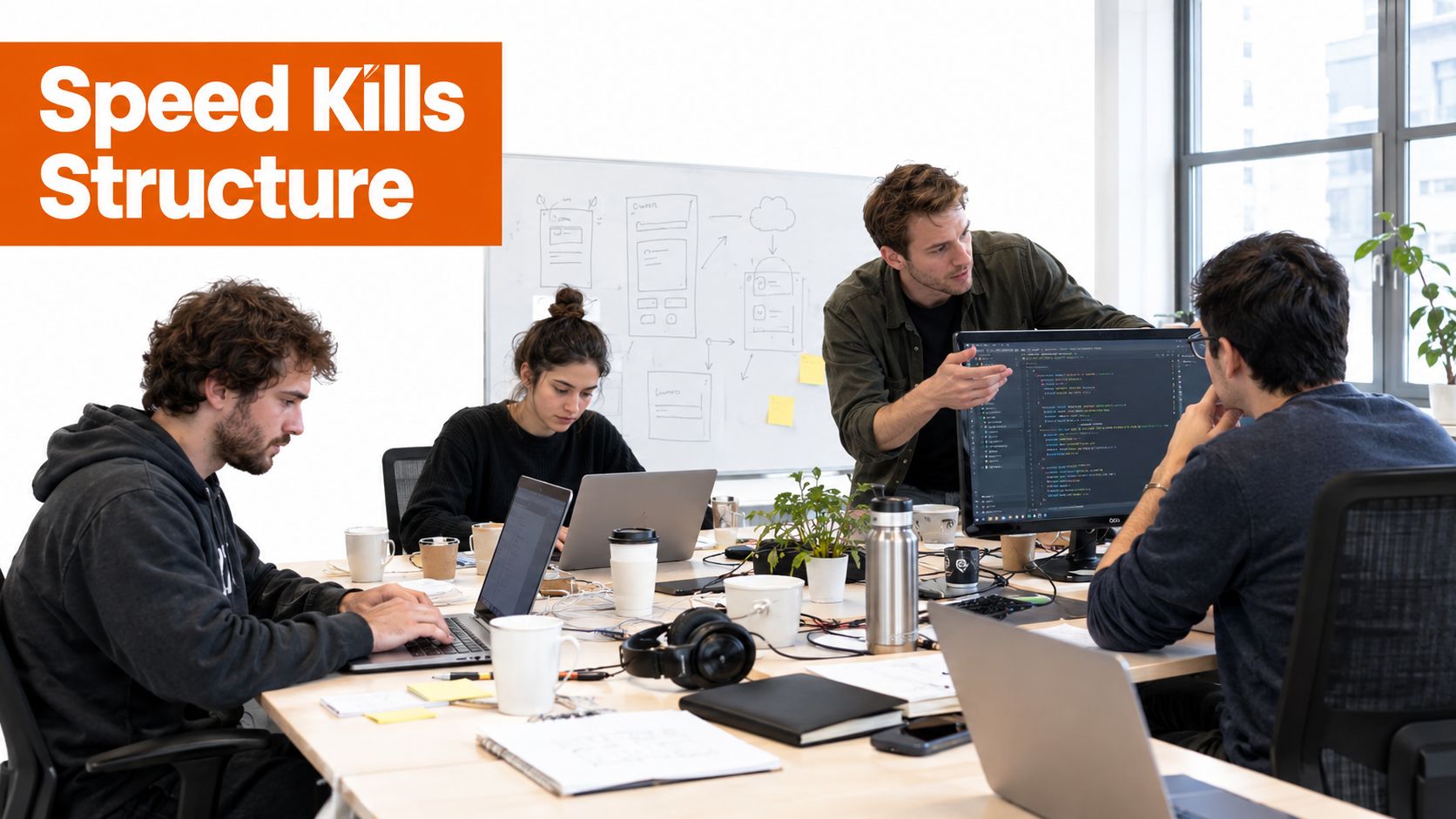 A team of software developers collaborating on a coding project in a modern, bright office environment.