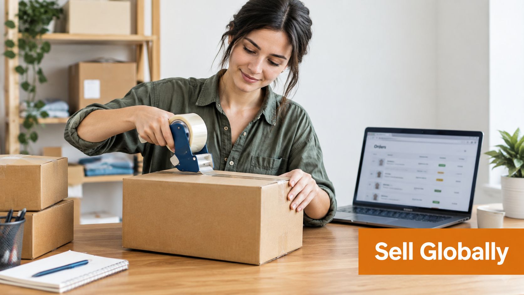 A woman taping a shipping box at her desk with a laptop showing order details nearby.