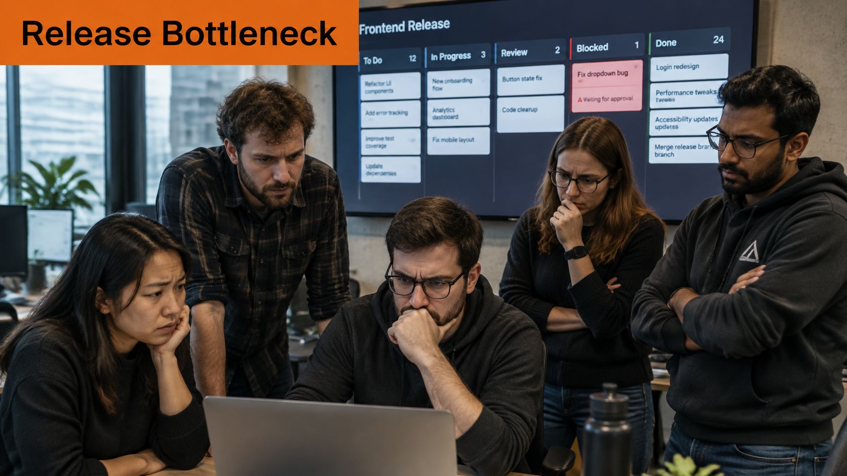 A diverse team of software developers analyzing a technical bottleneck on a digital kanban board screen.