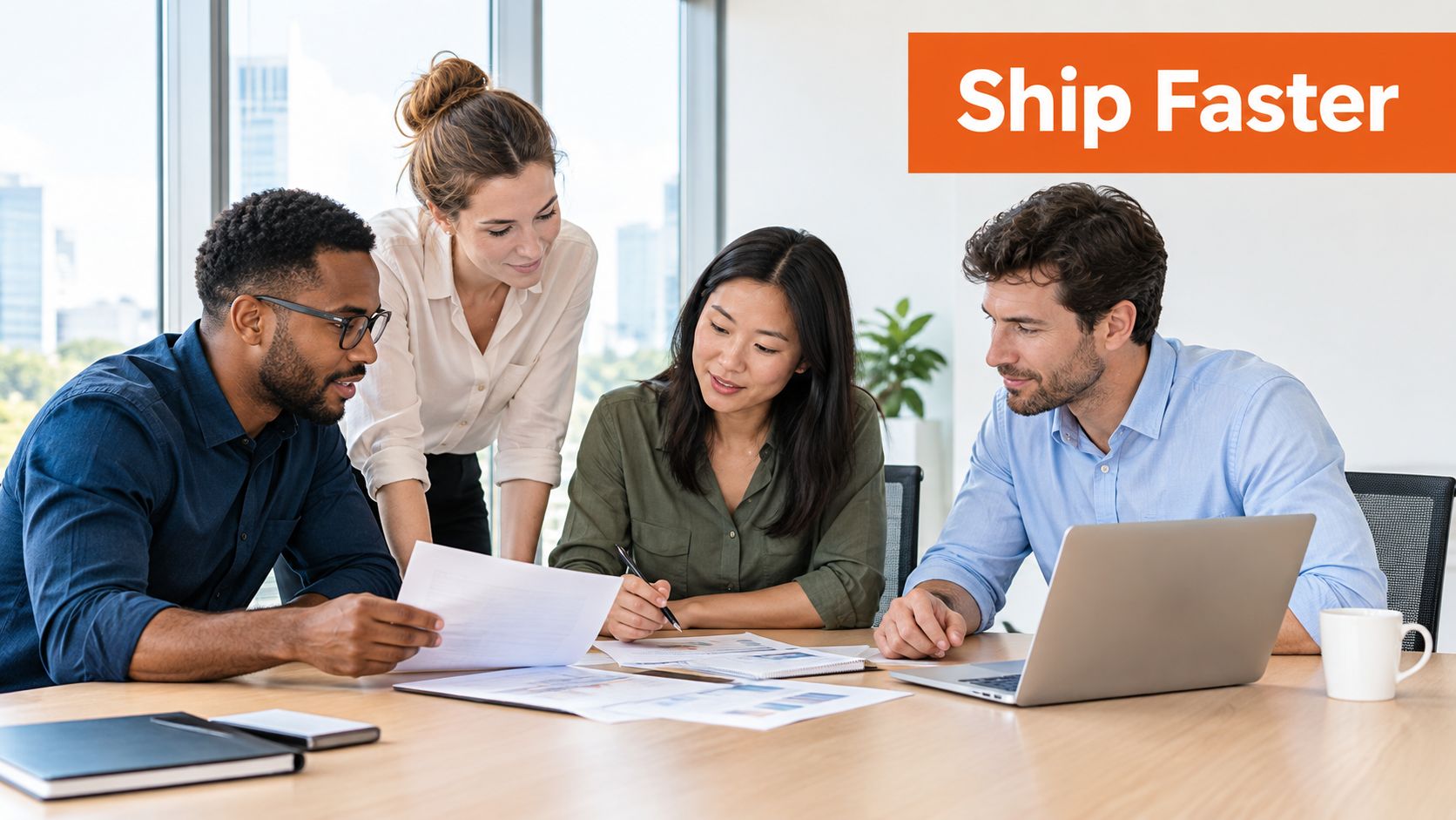 A diverse team of four professionals collaborating on product development projects in a bright, modern office setting.