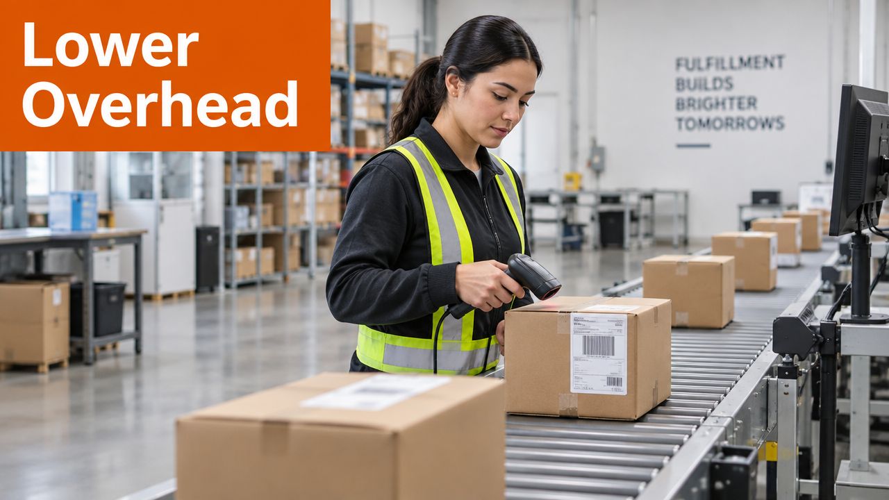 A warehouse worker in a safety vest scanning a cardboard package on a conveyor belt in a facility.