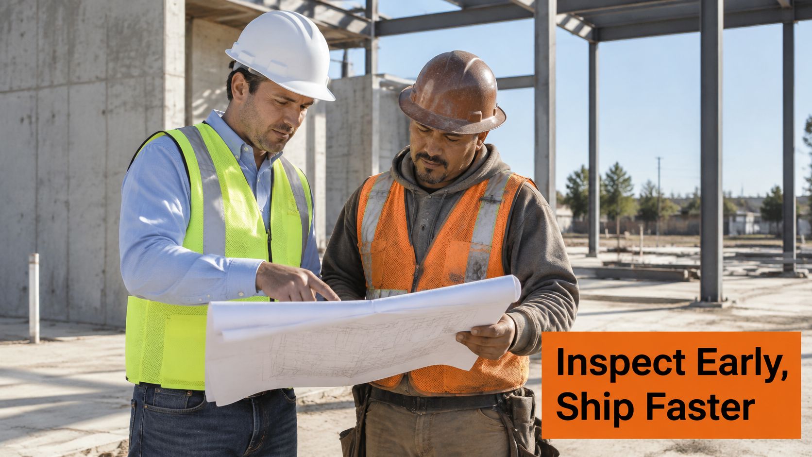 A construction manager and a worker reviewing blueprints at a construction site with building structure behind them.