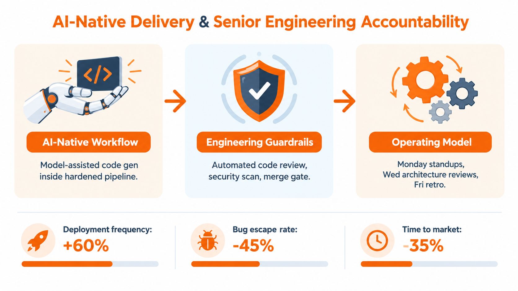 A diagram illustrating an AI-native engineering delivery framework with improved performance metrics for software development workflows.