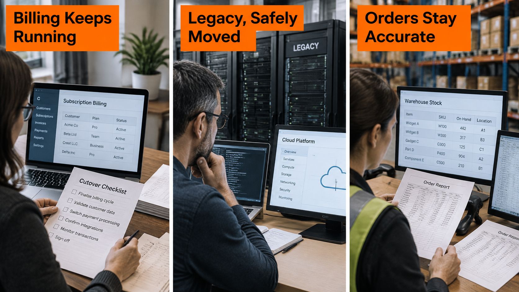 Three professionals managing data migration, billing, cloud infrastructure, and inventory accuracy in a modern office environment.