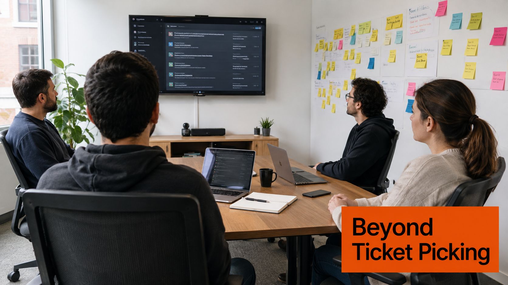 A team of professionals collaborating during a sprint planning session in a modern office meeting room.