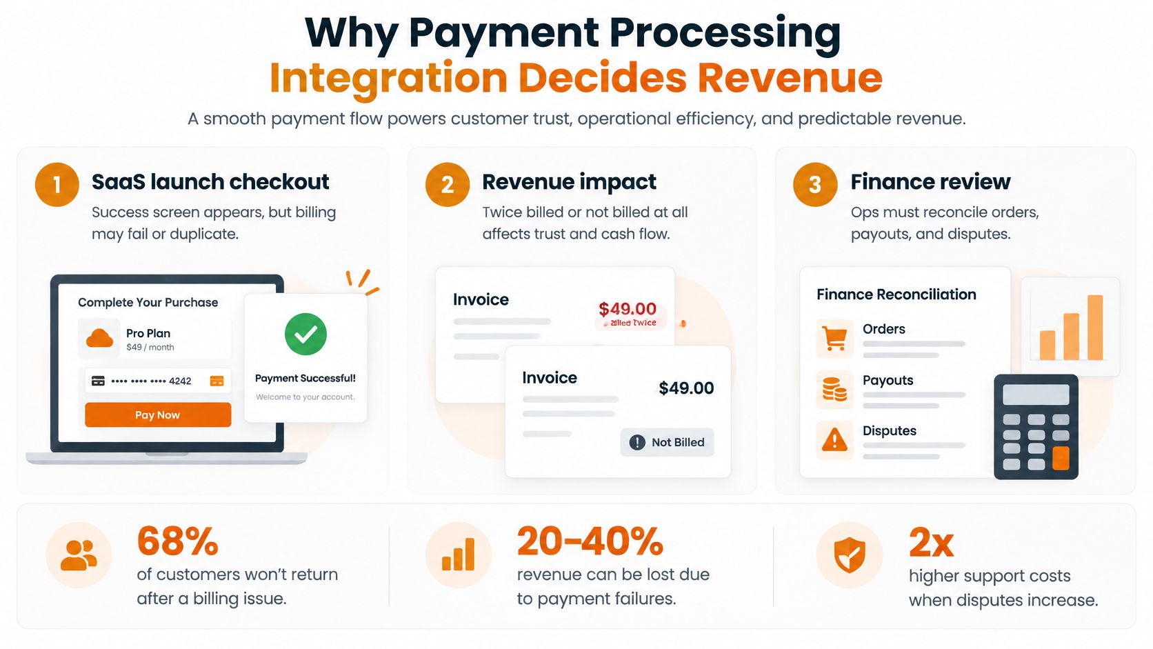An infographic showing how payment processing integration impacts revenue through checkout flows, billing issues, and financial reconciliation.