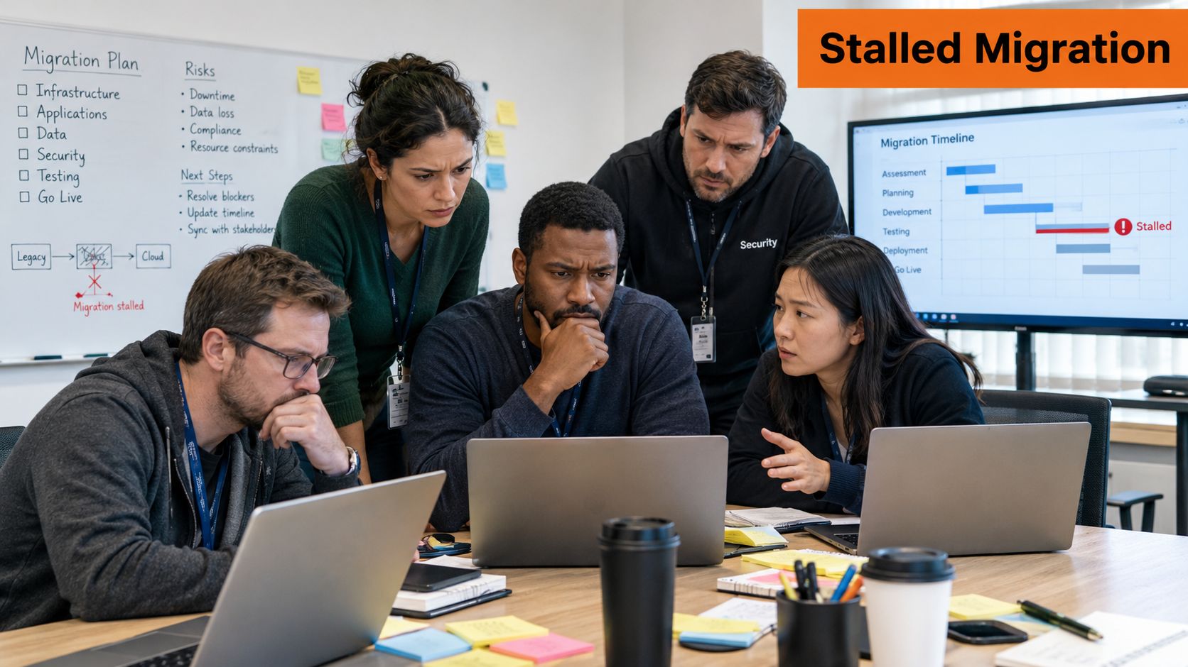 A diverse team of IT professionals collaborating in an office while reviewing a stalled cloud migration project.