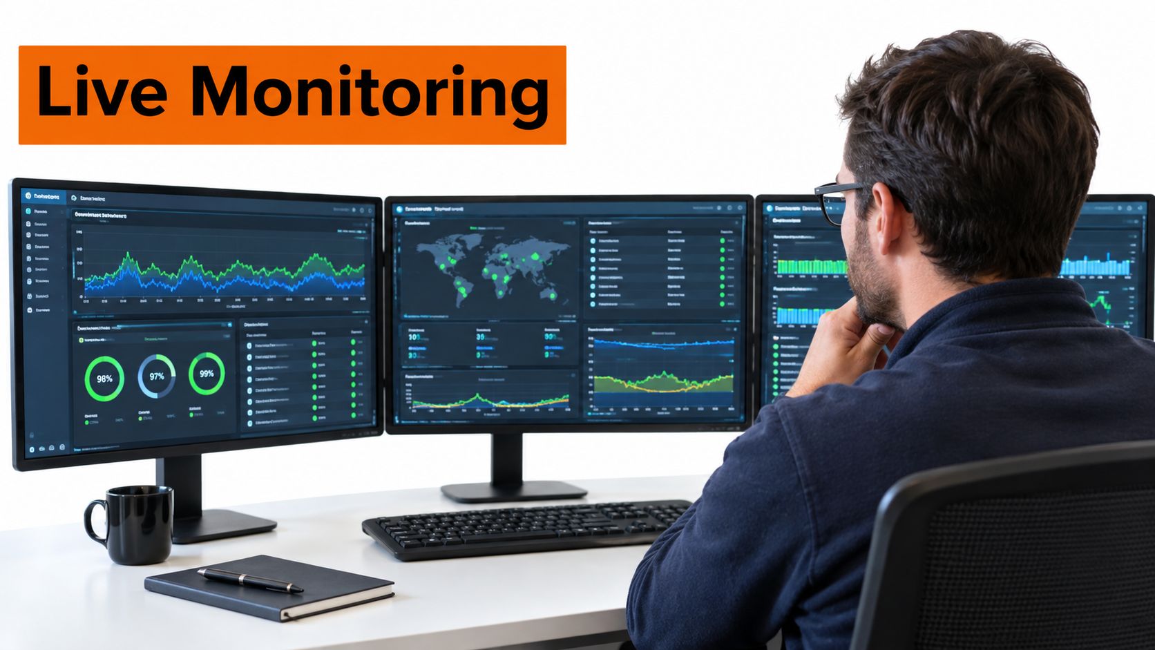 A professional man sitting at a desk monitoring complex live data dashboards on multiple computer screens.