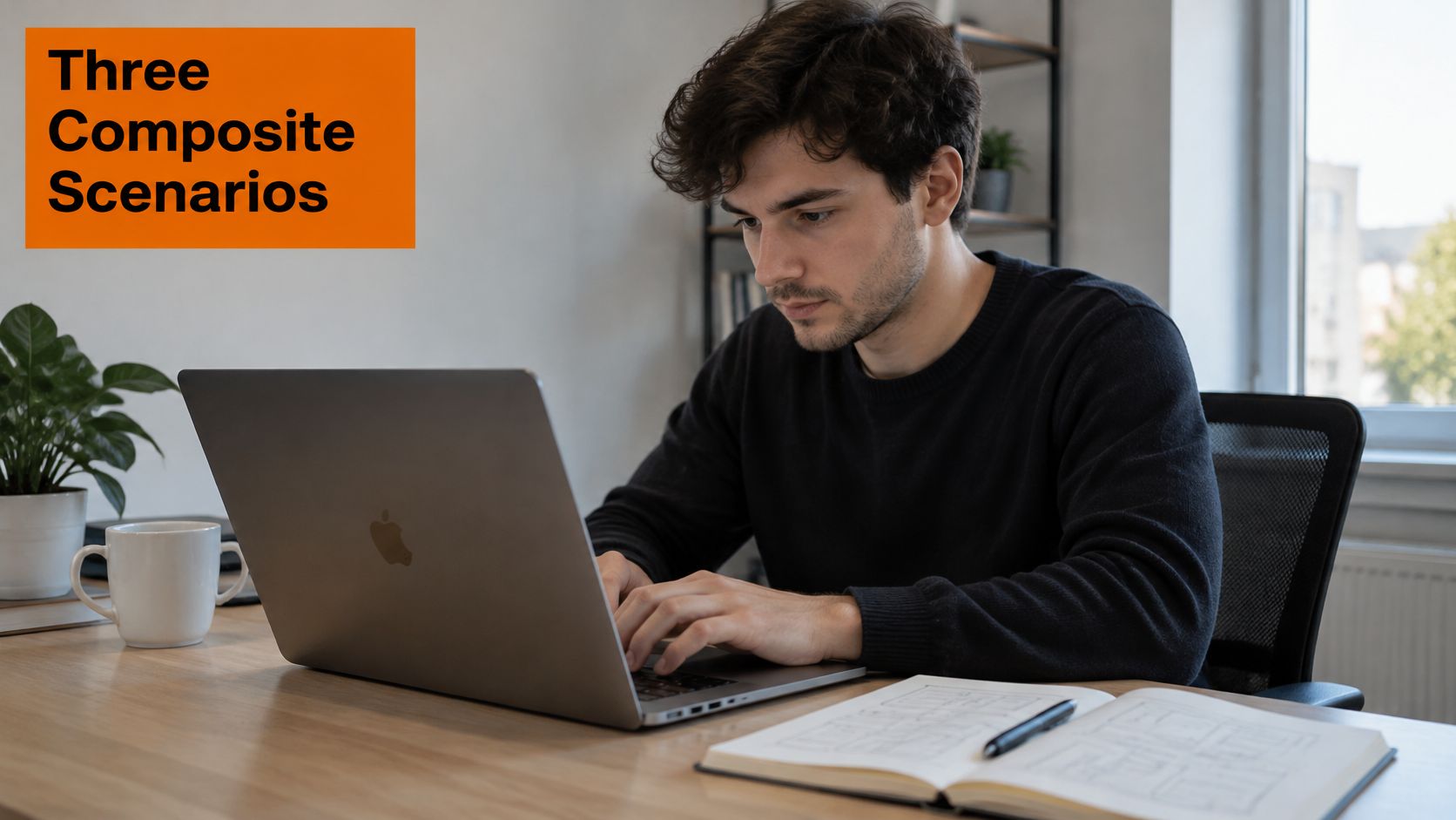 A young man sitting at a wooden desk working on his Apple laptop in a home office.