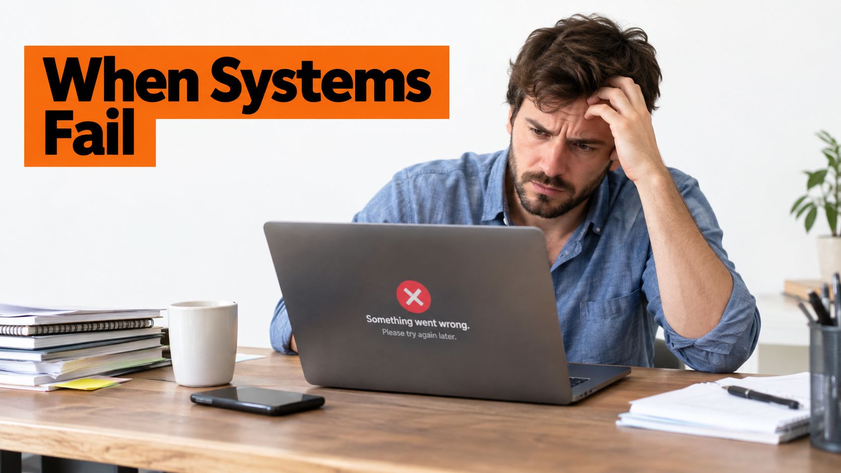 A frustrated man looking at a laptop computer displaying an error message about a system failure.