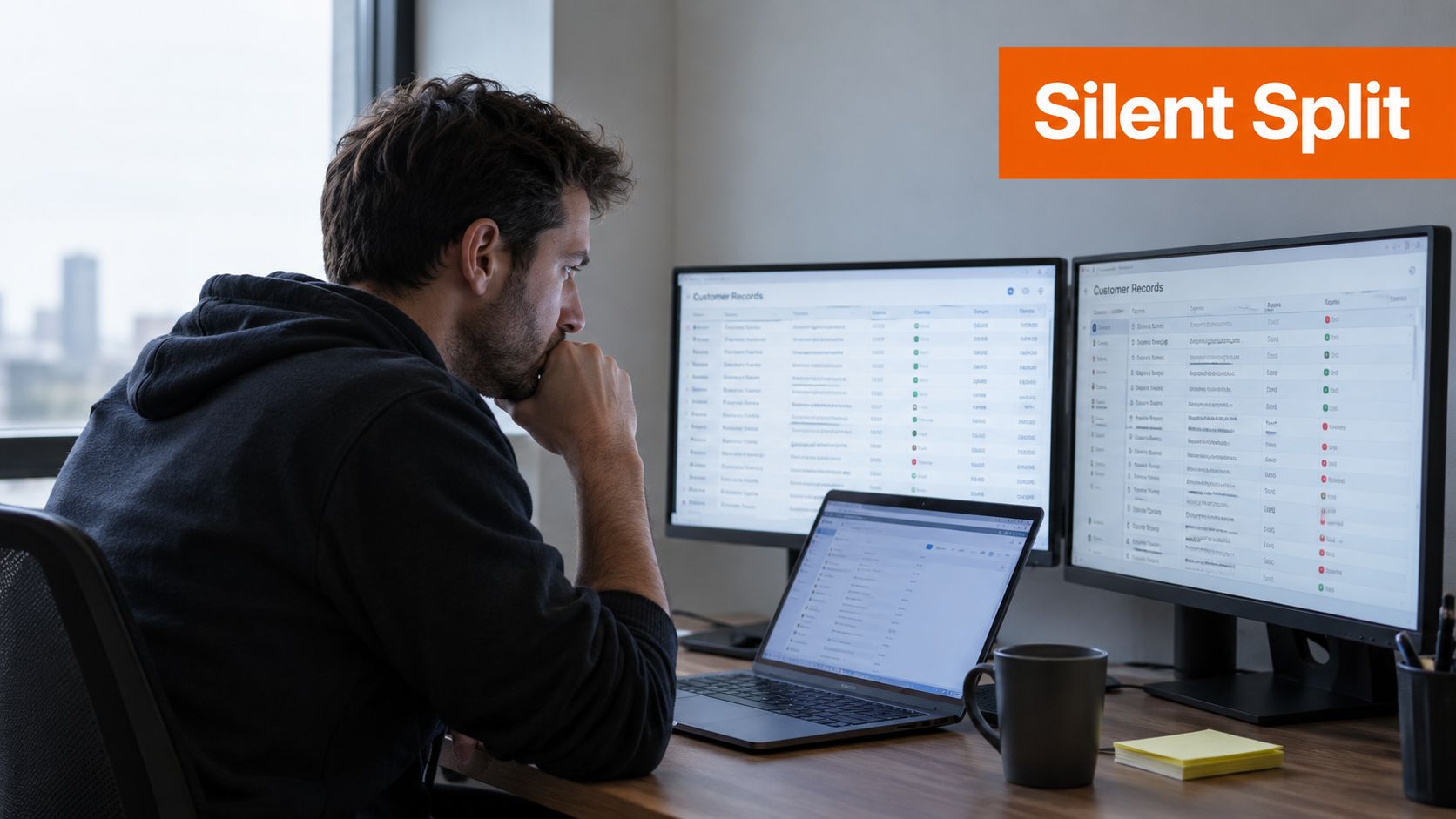 A focused man wearing a hoodie sits at a desk working on three computer monitors.