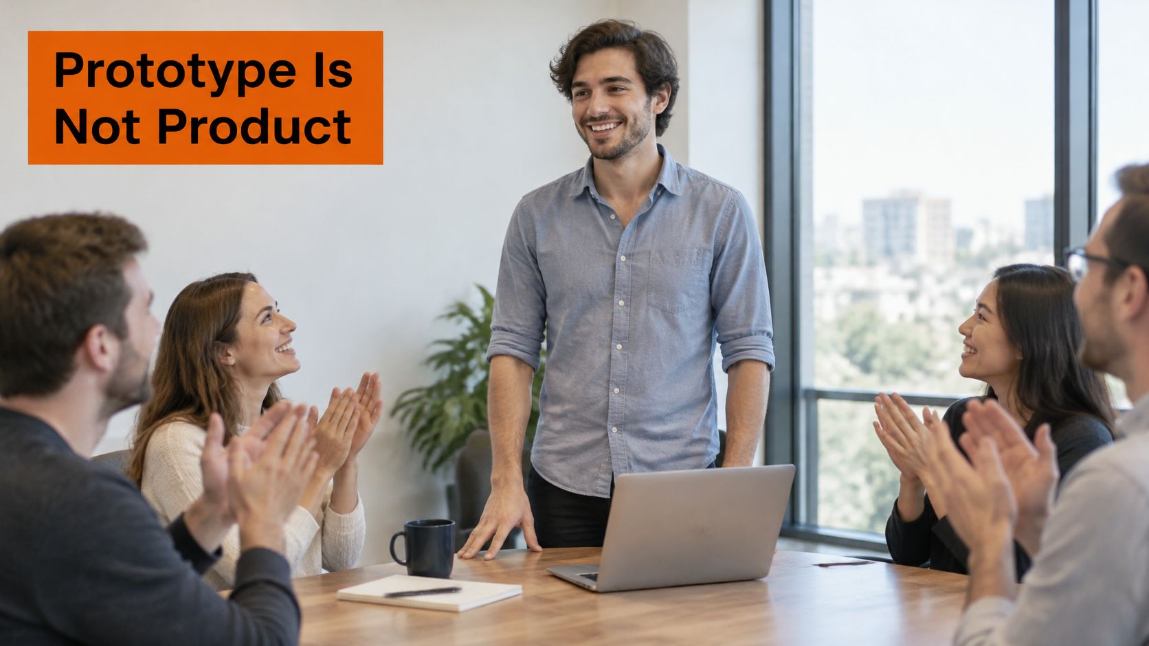 A professional team in an office setting applauding a man standing at the head of a conference table.