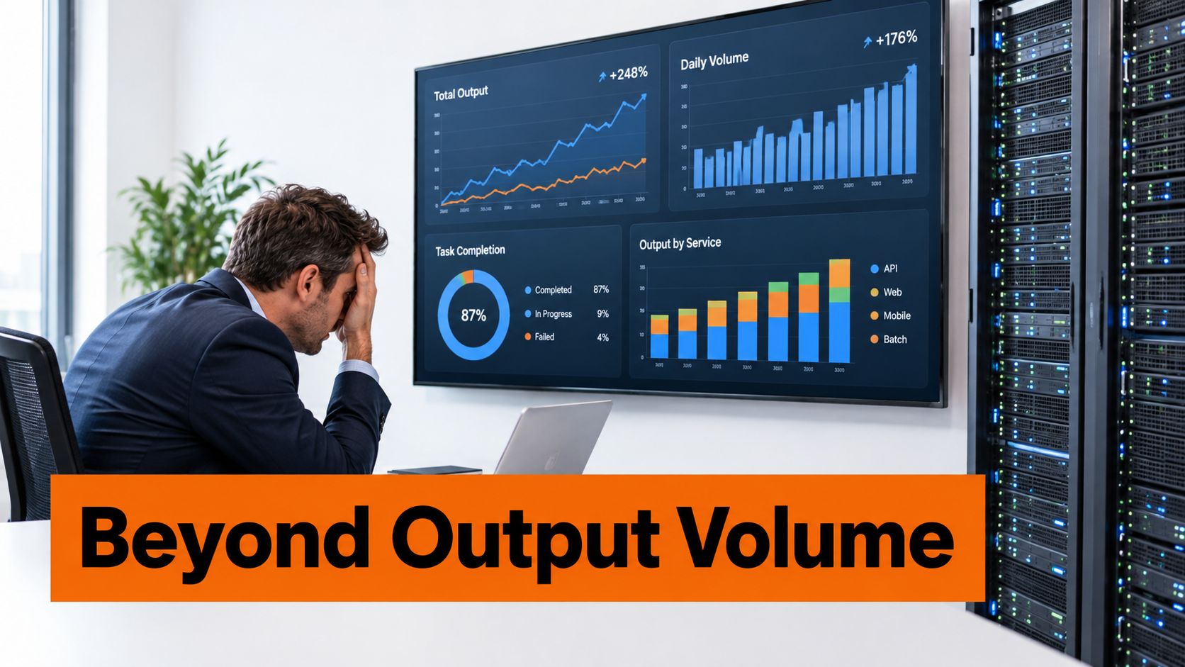A stressed businessman sits at a desk in front of large screens displaying complex data charts and analytics.