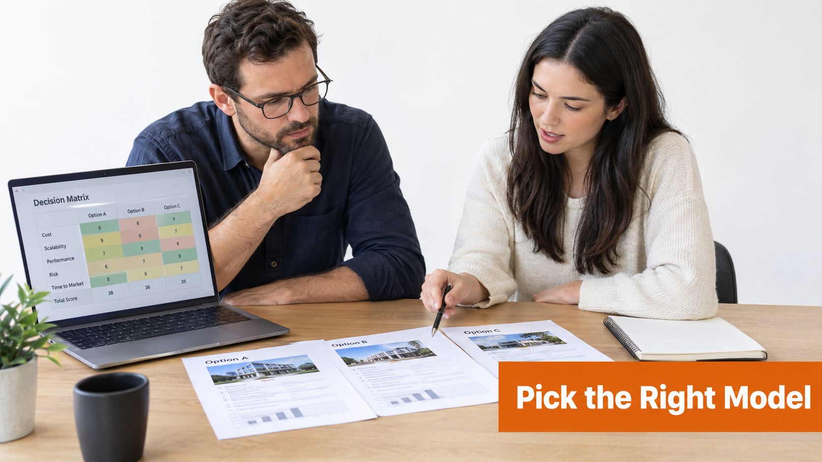 Professional colleagues analyzing a decision matrix on a laptop to choose the right software development model.