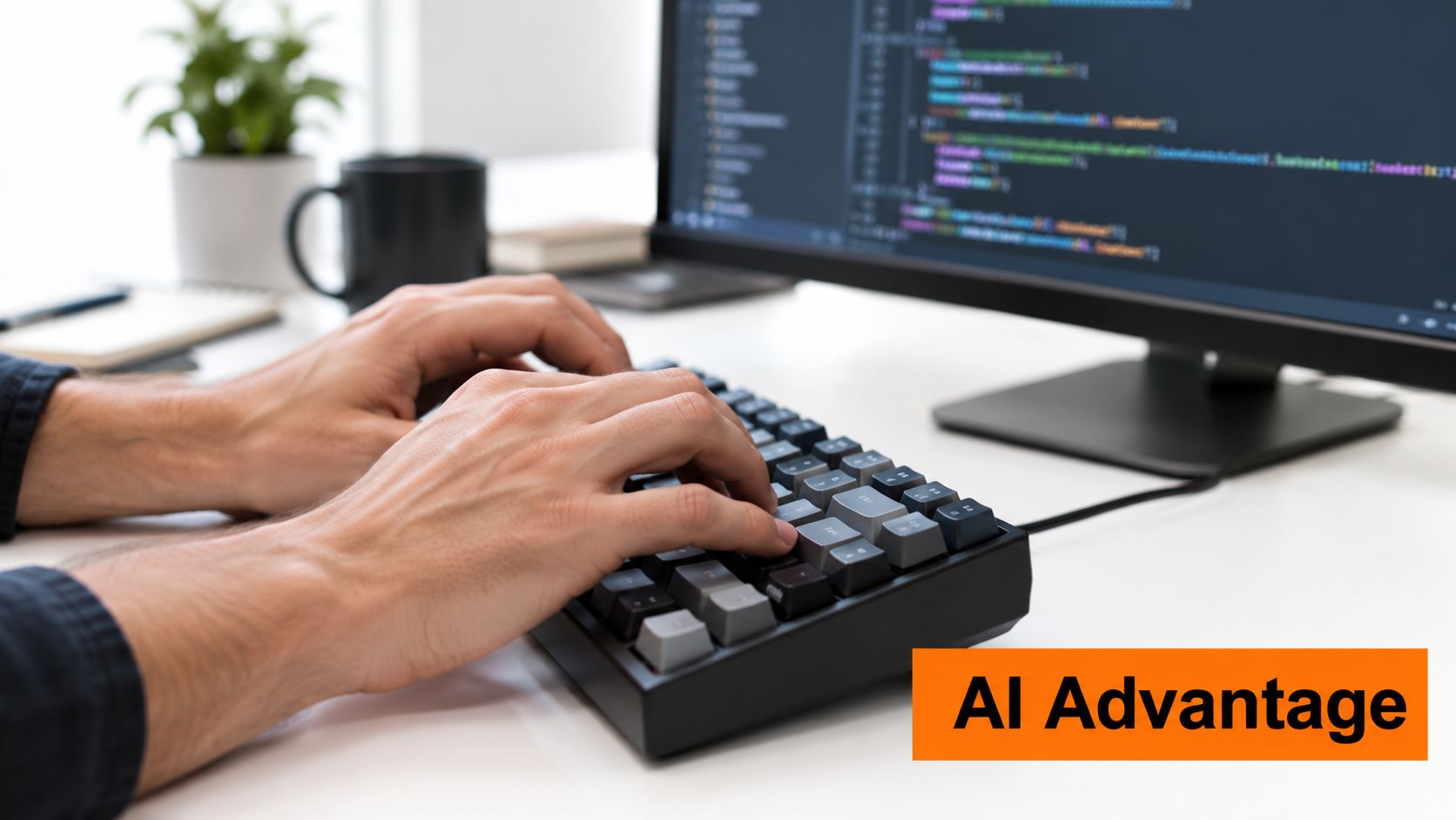 A close-up of a software developer typing on a mechanical keyboard at a clean office desk.