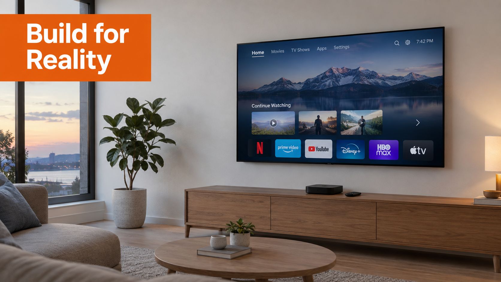 A modern living room featuring a large television mounted on the wall displaying streaming entertainment applications.