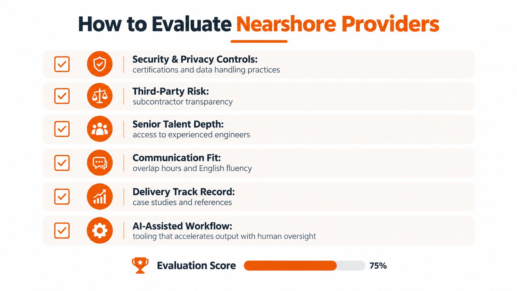 An infographic titled How to Evaluate Nearshore Providers listing six key criteria for business assessment.