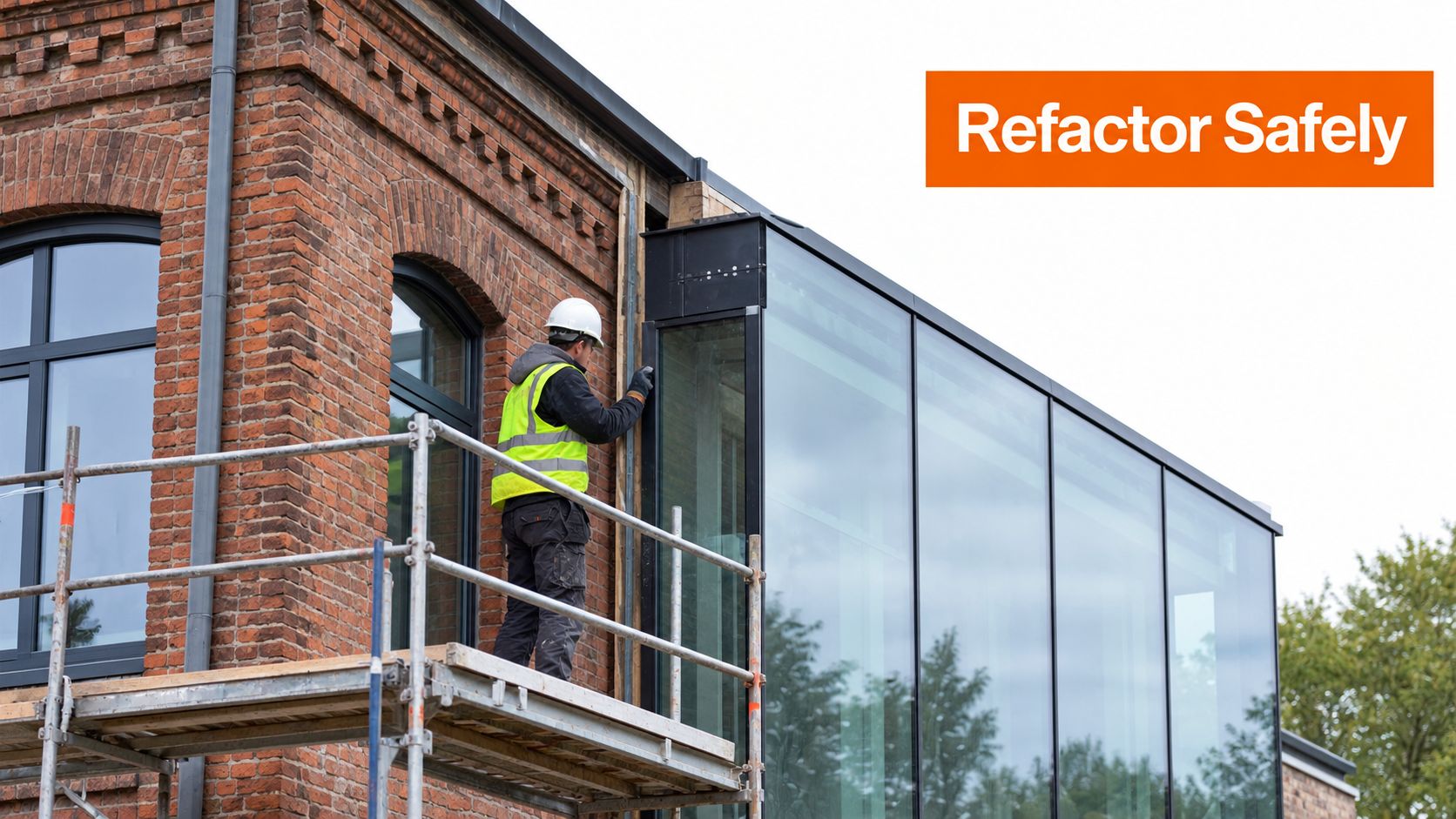 A construction worker in safety gear working on a glass facade of a renovated brick building.
