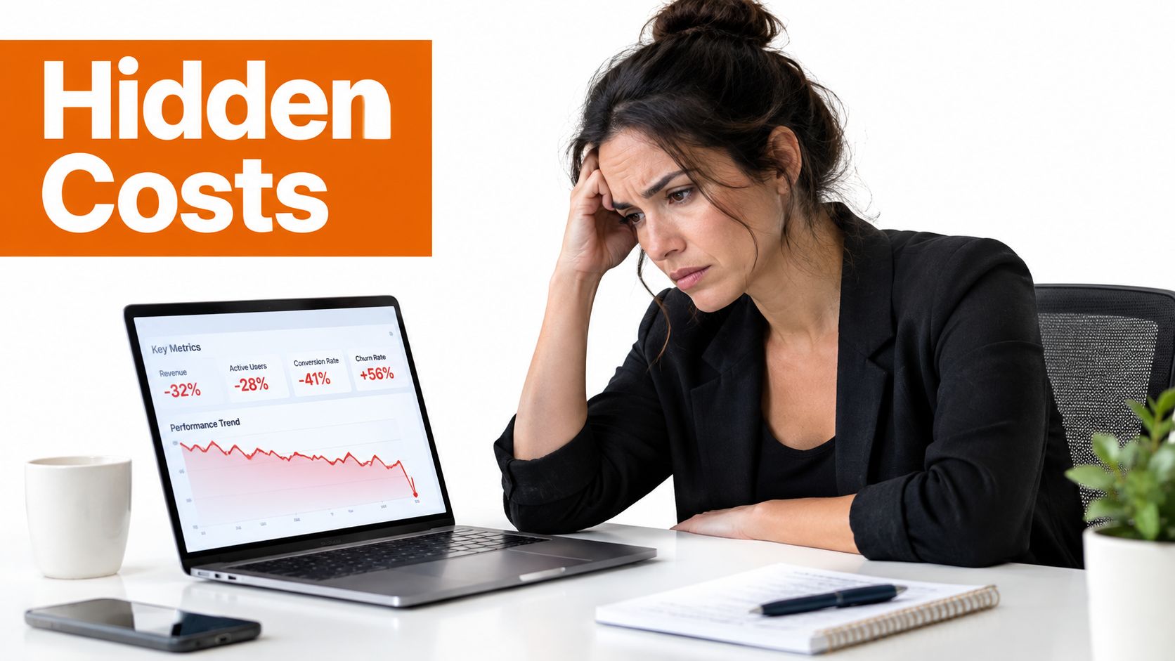 A distressed woman looking at her laptop screen displaying negative business performance metrics and downward trending charts.