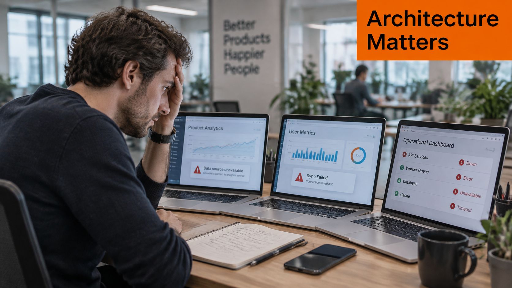 A stressed man working on three laptops displaying critical errors in an office setting.