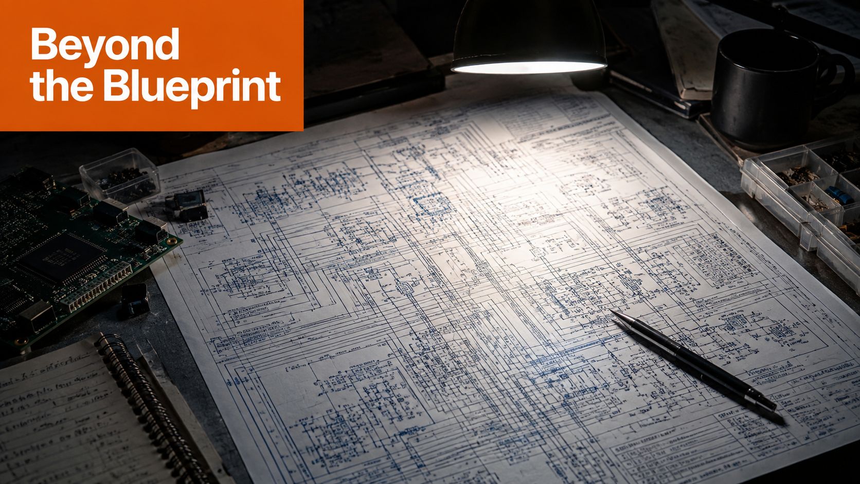 An engineer's workspace with a printed circuit blueprint, electronic components, a mechanical pencil, and a desk lamp.