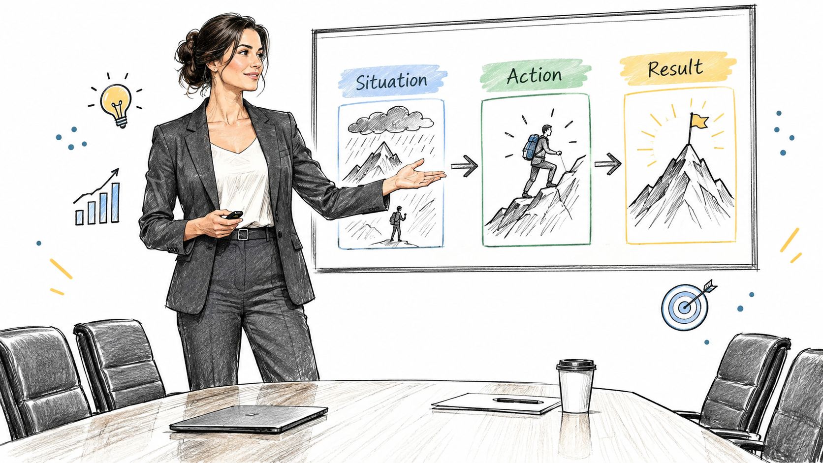 A professional woman in a business suit presenting a Situation-Action-Result strategy diagram on a whiteboard in a boardroom.